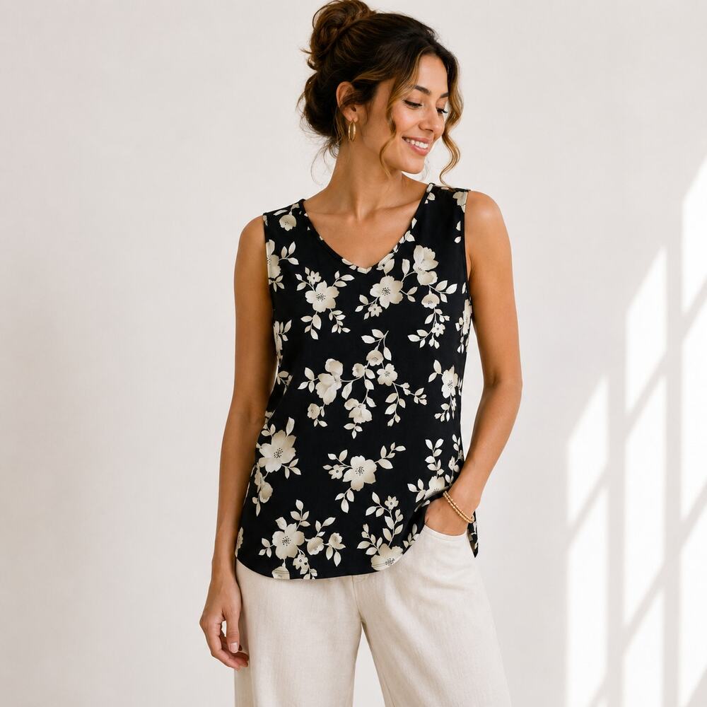 Susan Graver Liquid Knit Sleeveless Blouse Women's Size M Black Floral Casual